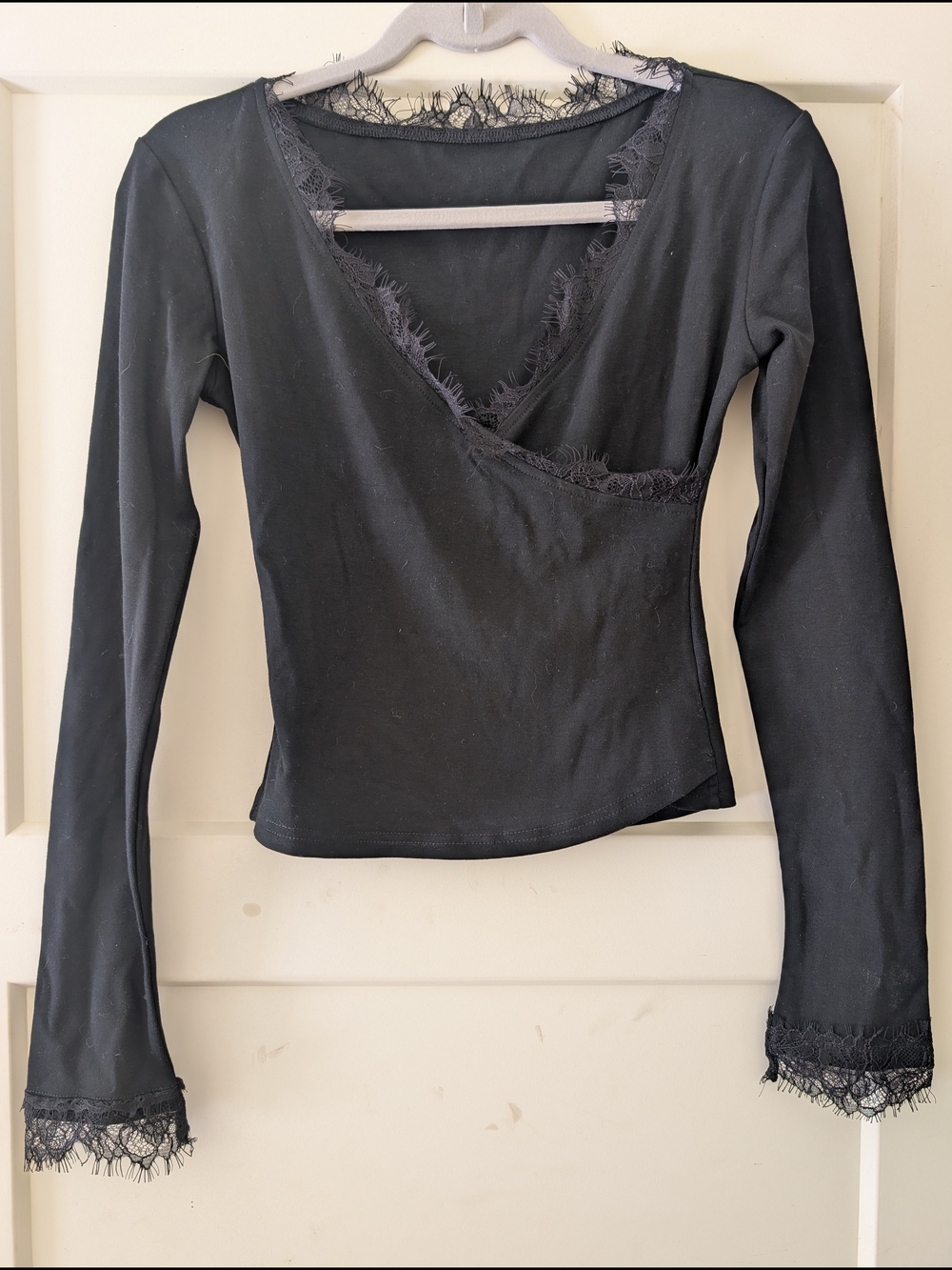 Commense Black Long Sleeve Lace-Trim Wrap Top